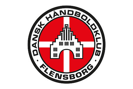 Das rot-weiß-schwarze Logo des Dansk Handboldklub Flensburg.