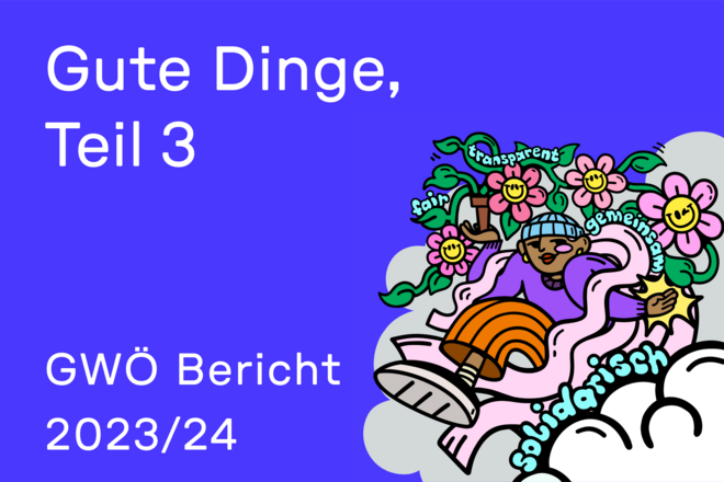 "Gute Dinge, Teil3" und "GWÖ Bericht 2023/24" als weißer Text auf dunkel blauem Grund. Daneben eine Illustration mit einer Person, die einen Pflanztopf in der Hand hält, aus welcher eine Pflanze rankt.