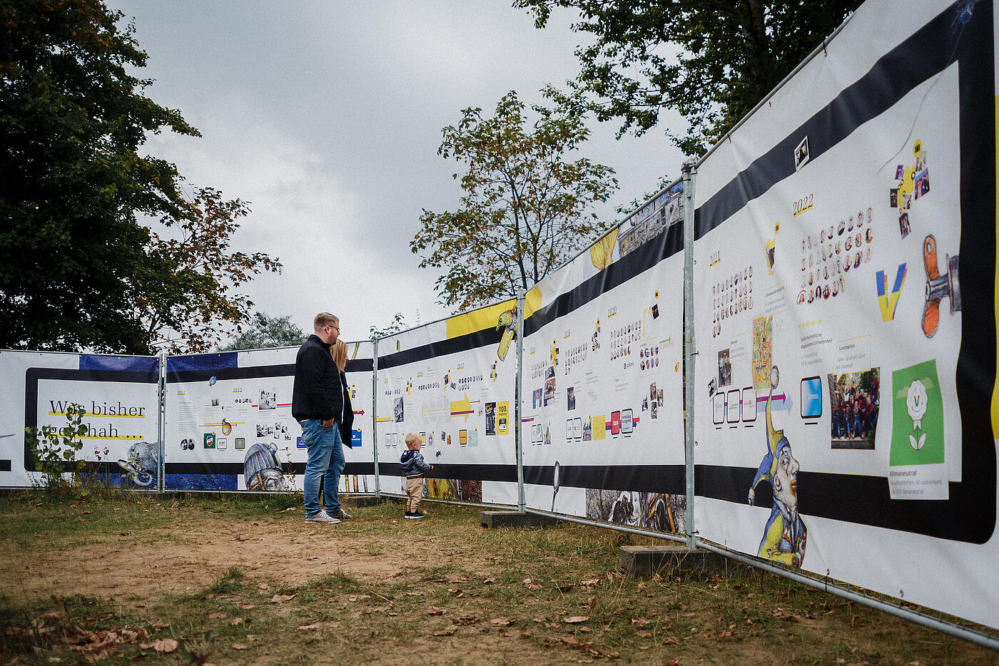 Auf dem Jubiläumsfest im Piratennest visualisiert eine lange Plakatwand die Historie des Unternehmens. Zwei Personen mit einem Kind sehen sich diese aufmerksam an.