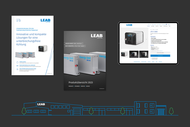 Eine Grafik zeigt auf schwarzem Hintergrund die Produkte, die für LEAB entwickelt wurden, mit dem charakteristischen Corporate Design.