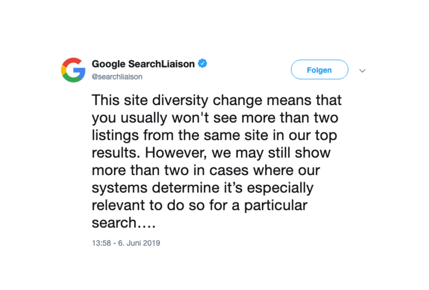 Screenshot eines Google-Posts, der zum Site Diversity-Update informiert.
