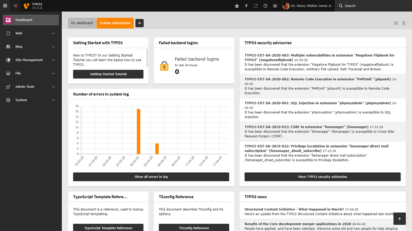 Das Typo3-Interface, hier die System Information.