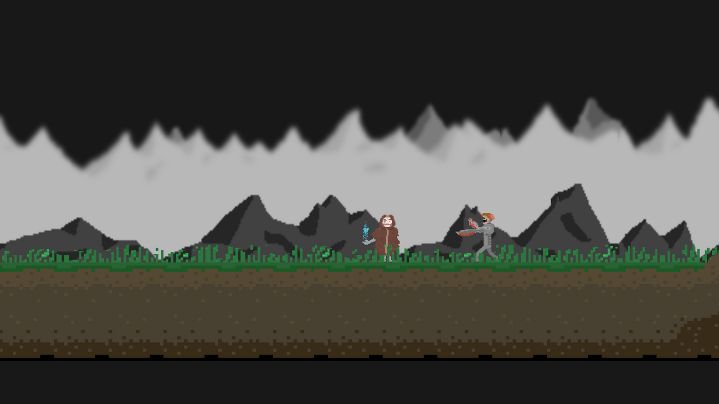 Ausschnitt aus einem im Retrostil gehaltenen Game mit einer Landschaft und zwei Figuren.