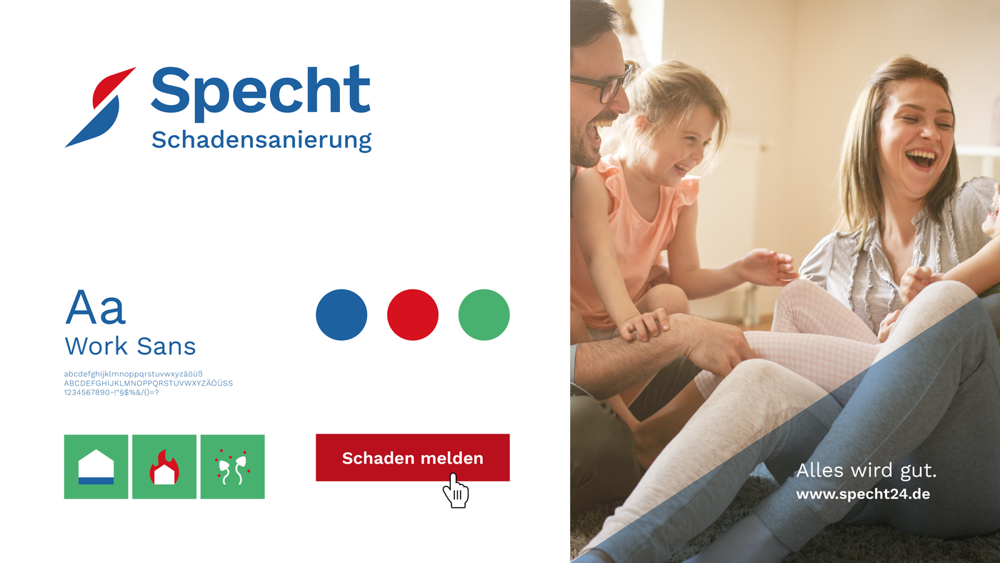 In einem querformatigen Bild sind alle Elemente, die für Specht entwickelt wurden, nebeneinander abgebildet: das neue Logo, der neue Name, Schriftarten, Farben und ein Foto aus der positiven neuen Bildsprache des Unternehmens.