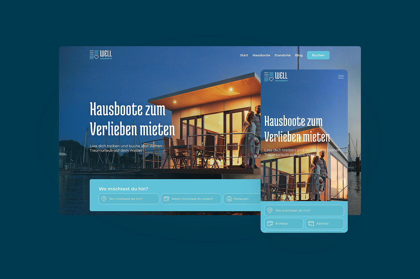 Eine Grafik, die auf dunkelblauem Hintergrund anhand von zwei Screenshots den neuen Webauftritt von WELL Hausboote präsentiert.