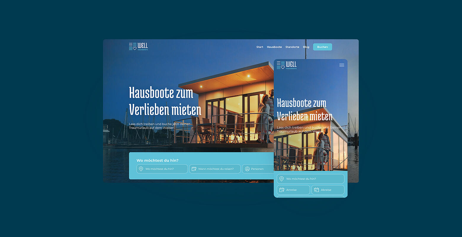Eine Grafik, die auf dunkelblauem Hintergrund anhand von zwei Screenshots den neuen Webauftritt von WELL Hausboote präsentiert.