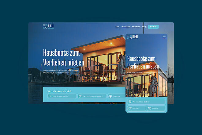 Eine Grafik, die auf dunkelblauem Hintergrund anhand von zwei Screenshots den neuen Webauftritt von WELL Hausboote präsentiert.