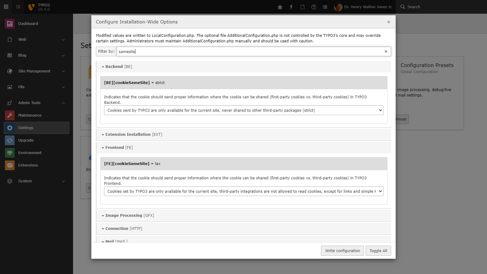 Das Typo3-Interface, hier eine Maske zum Konfigurieren von Installationsoptionen.