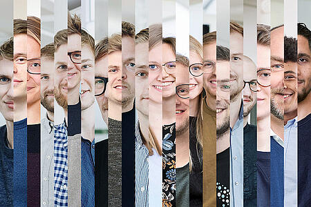 In einer Collage aus vertikalen Gesichtsausschnitten sind die Mitarbeitenden von visuellverstehen abgebildet.