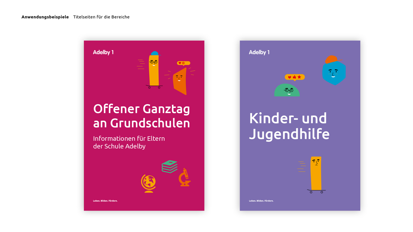 Grafik mit bunten Musterbeispielen für Titelseiten der einzelnen Bereiche des Unternehmens auf weißem Hintergrund.