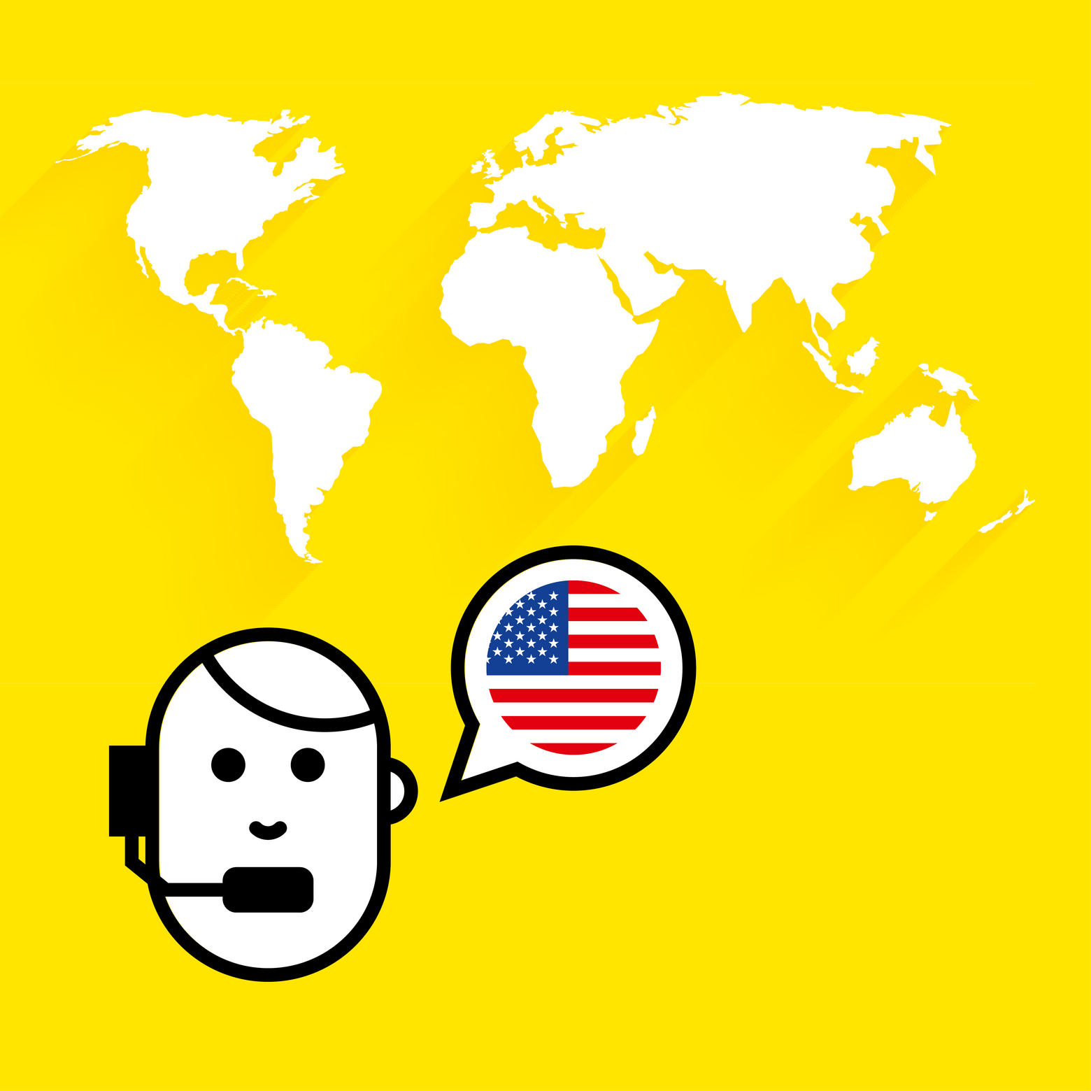 Grafik, die auf gelbem Hintergrund die Kontinente zeigt. Im Vordergrund ist das stilisierte Gesicht einer Person zu sehen, die ein Headset trägt und von der eine Sprechblase abgeht, in der sich eine USA-Flagge befindet.