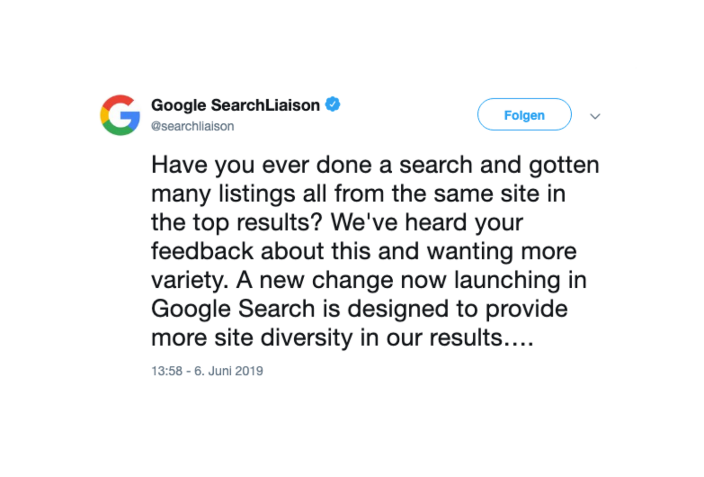 Screenshot eines Google-Posts, der zum Site Diversity-Update informiert.