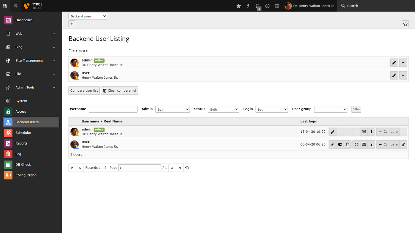 Das Typo3-Interface, hier die Anzeige der Backend User.