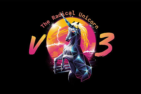 Das Radical Unicorn-Logo zur V3 von Statamic zeigt ein dunkles Einhorn vor einem orangepinkem Kreis.