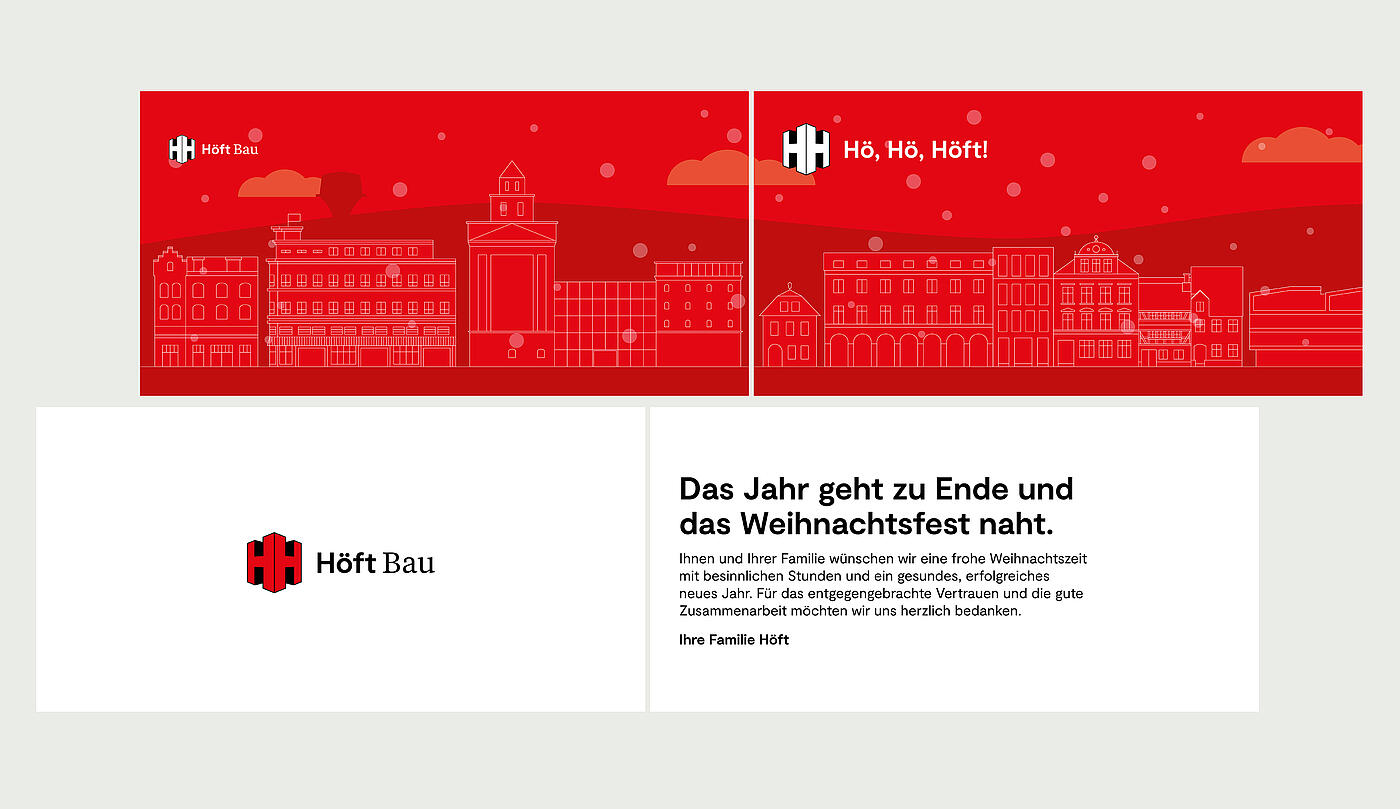 Die Druckdaten einer Höft-Weihnachtskarte, auf der sich das Unternehmen für das entgegengebrachte Vertrauen bedankt. Auf rotem Hintergrund befindet sich im oberen Bereich eine Skyline mit Gebäuden, die Höft gestaltet hat.