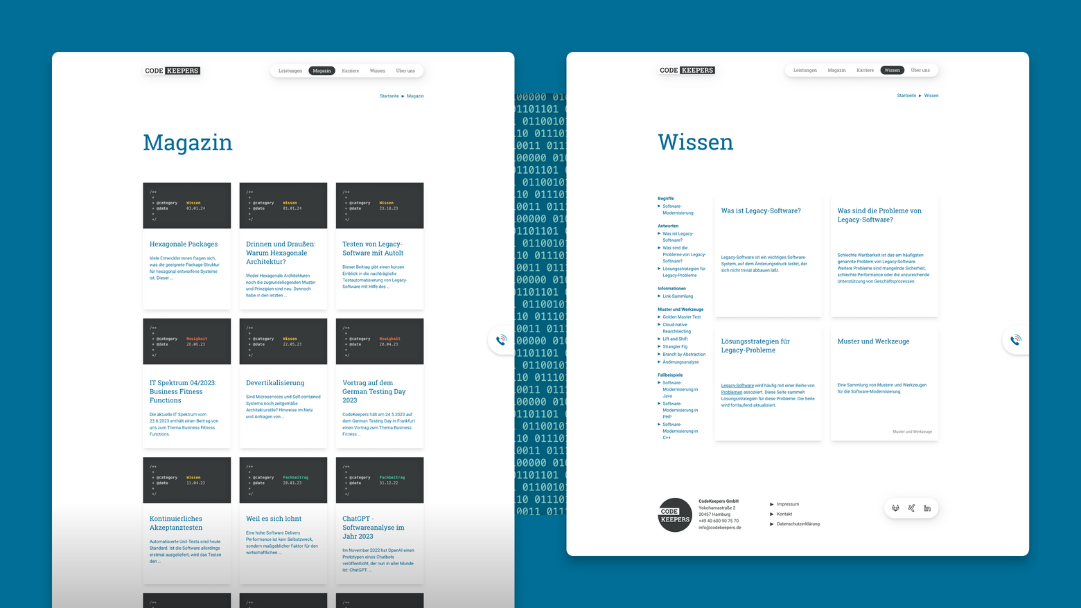 Grafik von zwei Bildschirmscreenshots, die sich auf die Content-Arbeit von visuellverstehen für diesen Kunden beziehen: Das Magazin und den Wiki-Bereich.