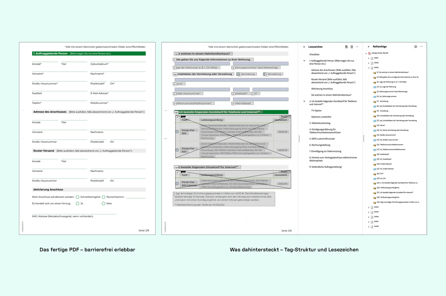 Gegenüberstellung der „Frontend“- und „Backend“–Ansicht eines barrierefreien PDFs. Links ist das fertige PDF zu sehen, untertitelt mit „barrierefrei erlebbar“. Rechts findet sich der Blick hinter die Kulissen, eine detaillierte Abbildung des Dokuments mit Textabschnitten, Lesezeichen und Tag-Struktur.