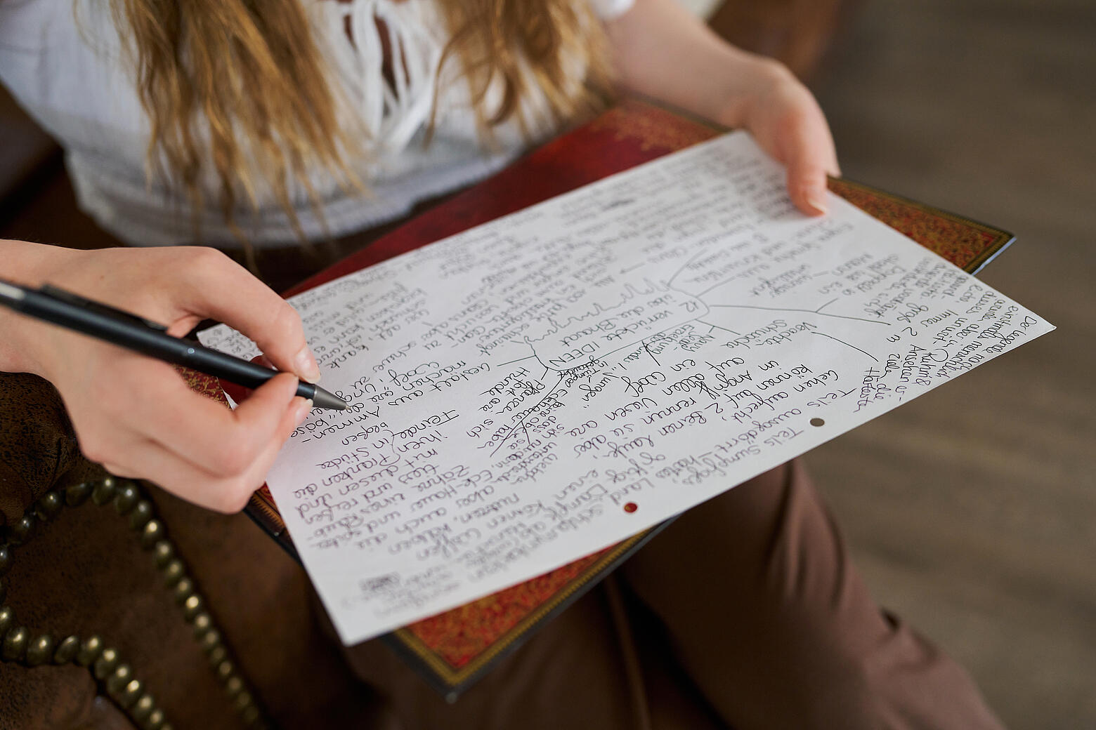 Frau mit einem größeren weißen Stück Papier auf dem Schoß. Über das Papier sind viele handgeschriebene Wörter und kurze Sätze verteilt. 