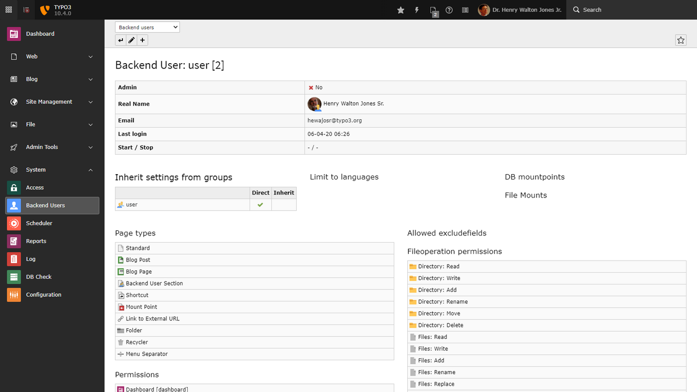 Das Typo3-Interface, hier eine detailliertere Anzeige der Backend User.