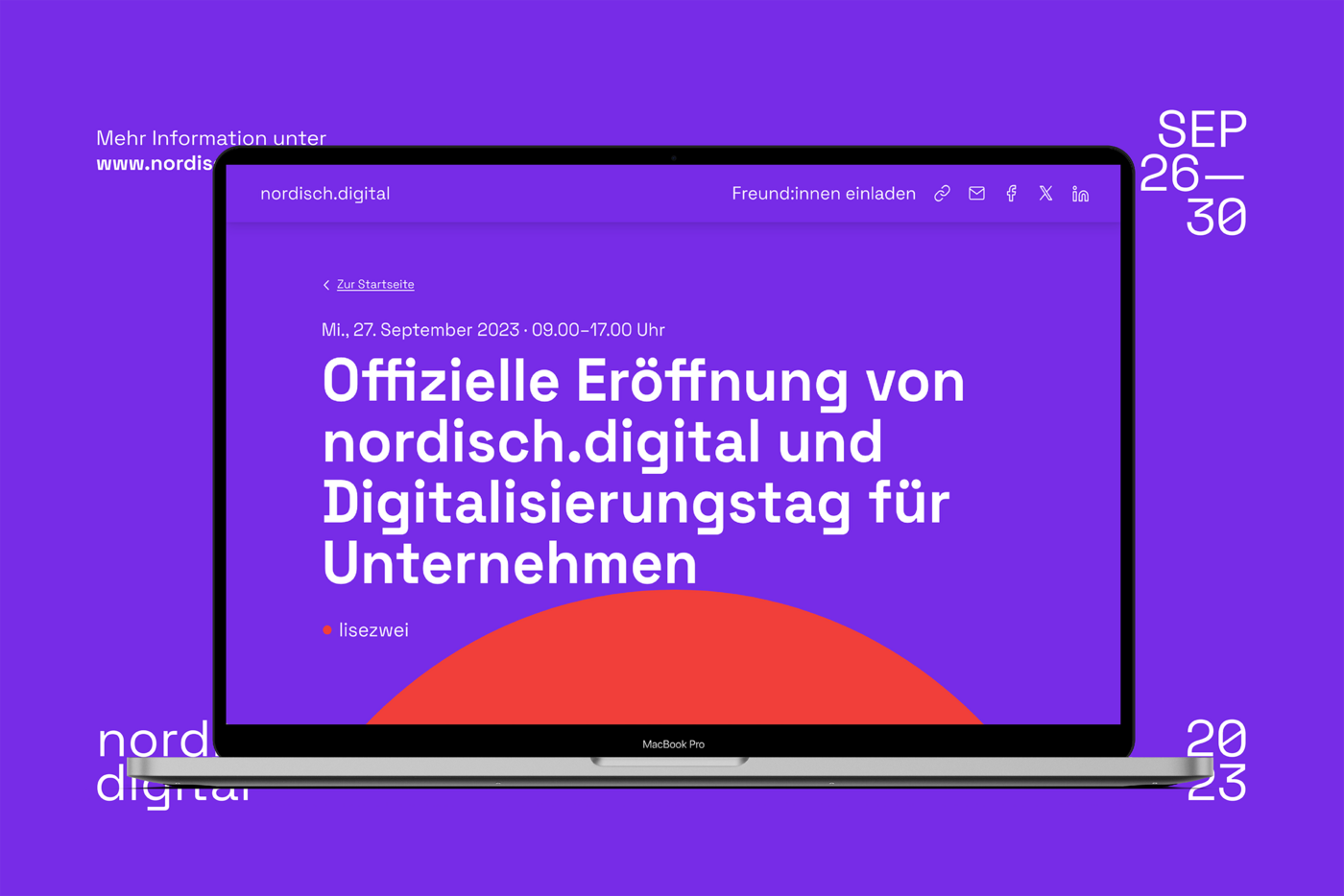 Auf violettem Hintergrund gibt der Monitor eines Macbook Pro die Eröffnung von nordisch.digital mitsamt aller relevanten Daten bekannt.