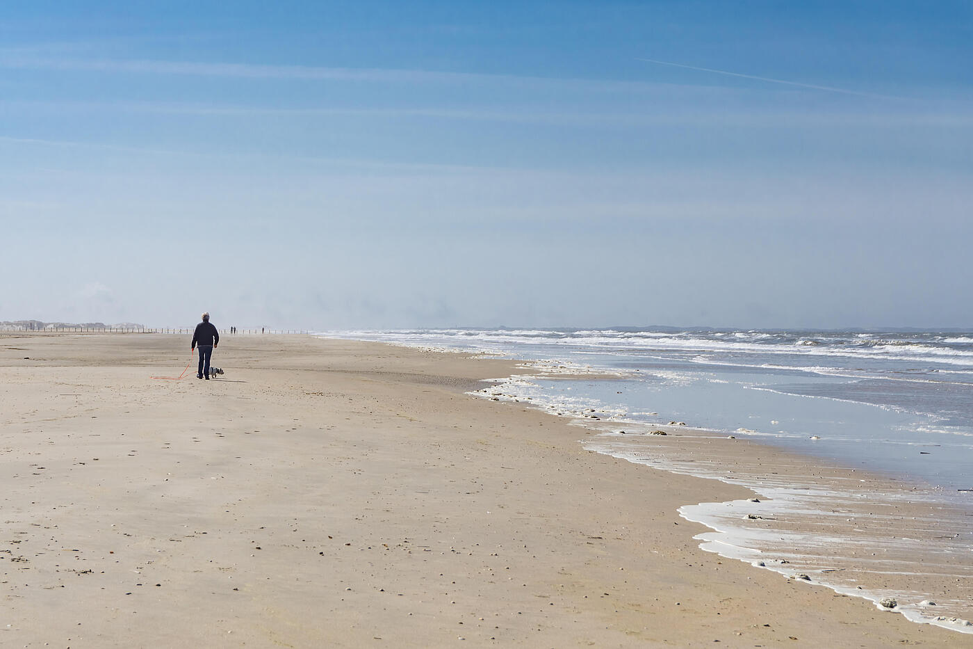 Strand, Meer und blauer Himmel, im Hintergrund geht eine Person mit einem Hund spazieren.