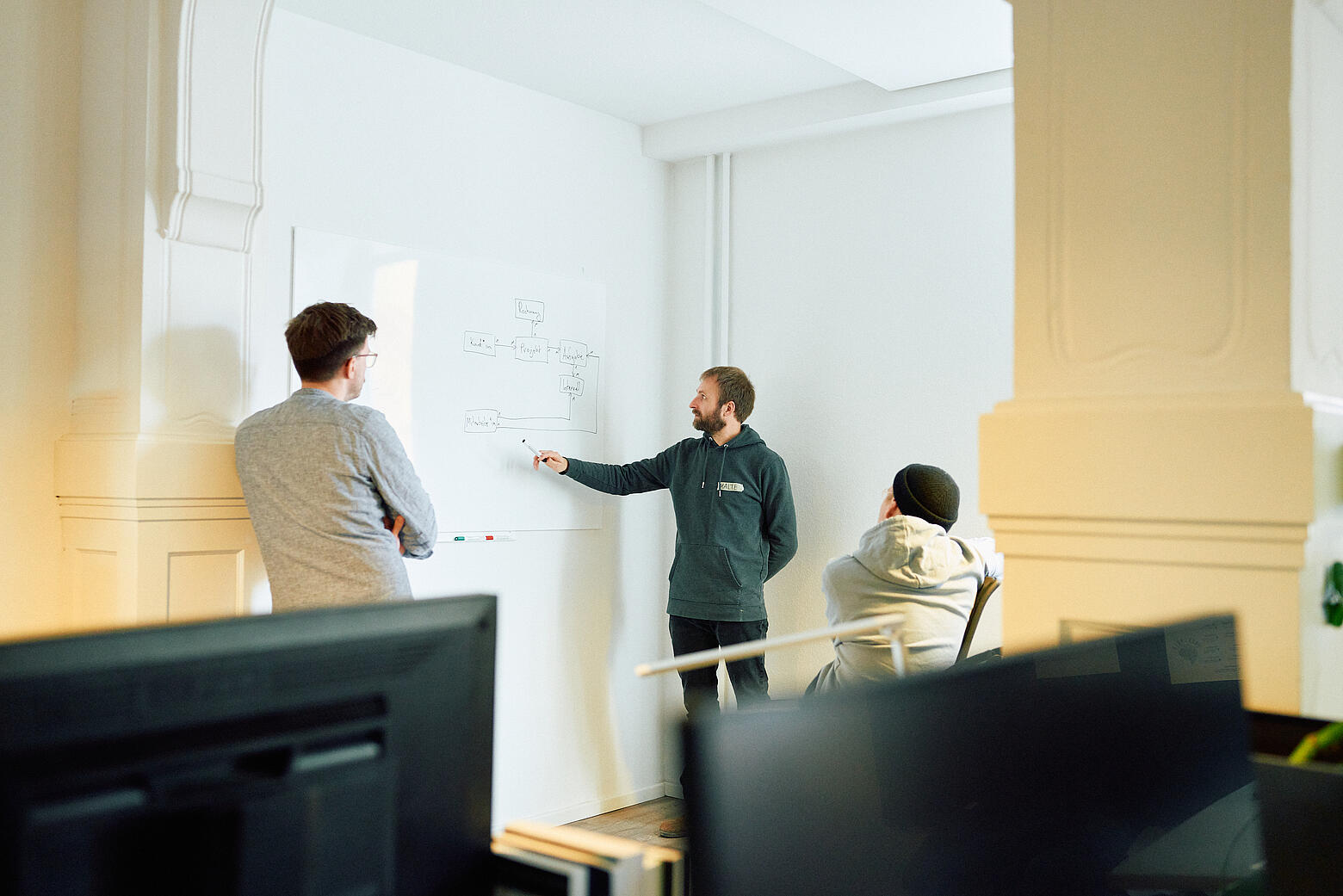 Drei Mitarbeiter von visuellverstehen stehen beim Open Friday in einem luftigen, modernen Gruppenraum und blicken auf ein Whiteboard mit einem Organigramm.