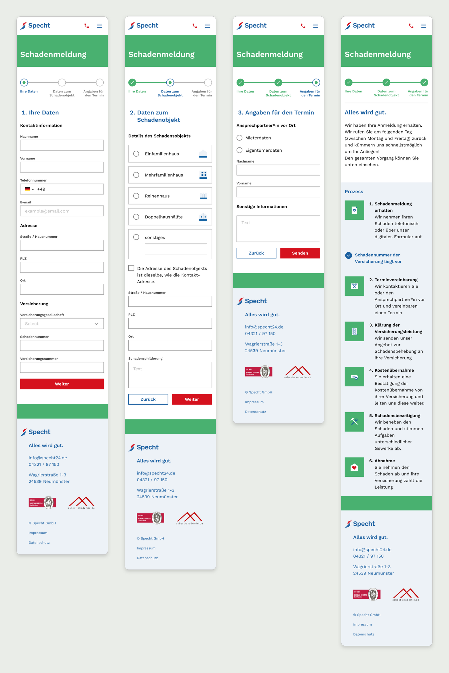 Eine Grafik, die nebeneinander die verschiedenen Bearbeitungsstufen im für Specht entwickelten digitalen Schadensformular sieht.