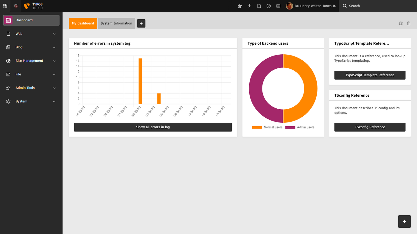 Das Typo3-Interface, hier das Dashboard.