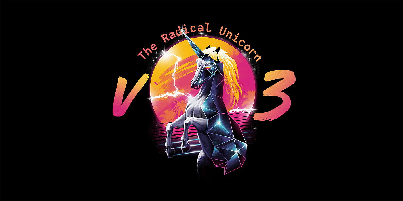 Das Radical Unicorn-Logo zur V3 von Statamic zeigt ein dunkles Einhorn vor einem orangepinkem Kreis.