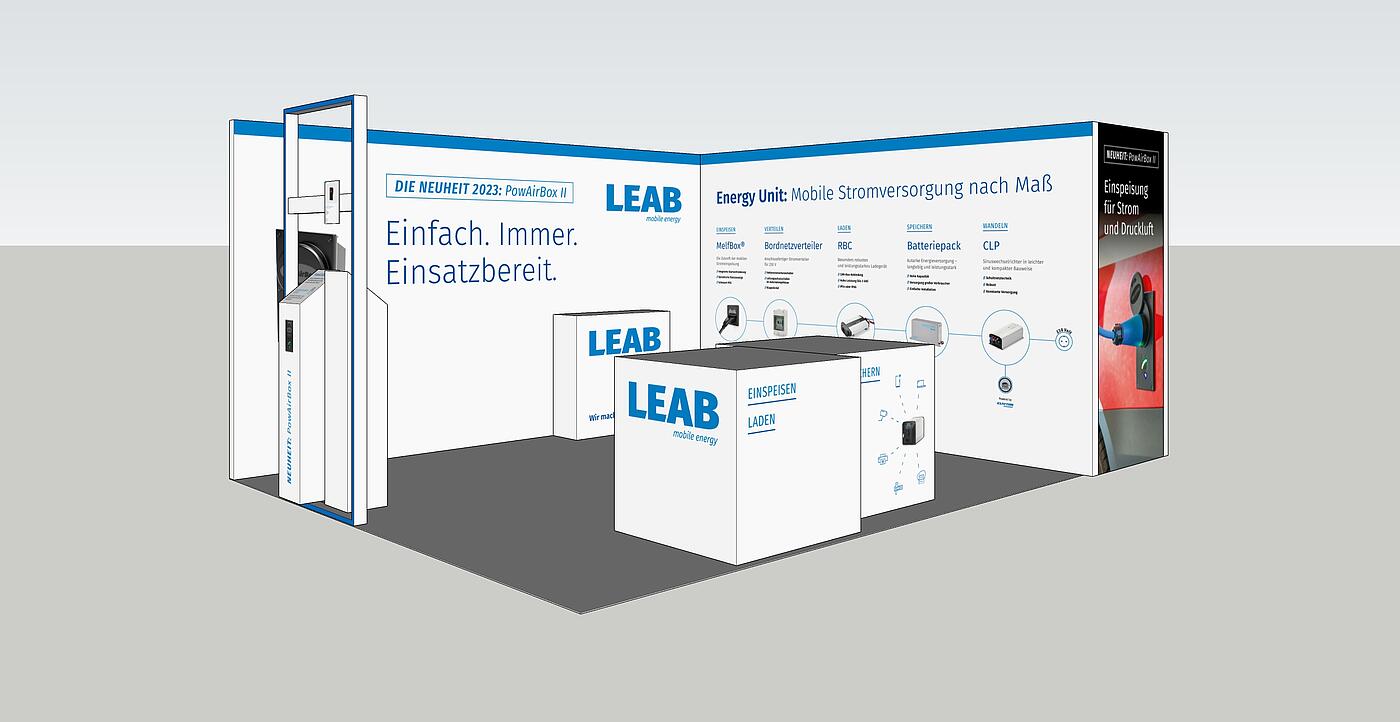 Eine Grafik zeigt einen Messestand, der für LEAB entwickelt wurde.