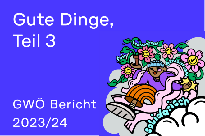 "Gute Dinge, Teil3" und "GWÖ Bericht 2023/24" als weißer Text auf dunkel blauem Grund. Daneben eine Illustration mit einer Person, die einen Pflanztopf in der Hand hält, aus welcher eine Pflanze rankt.