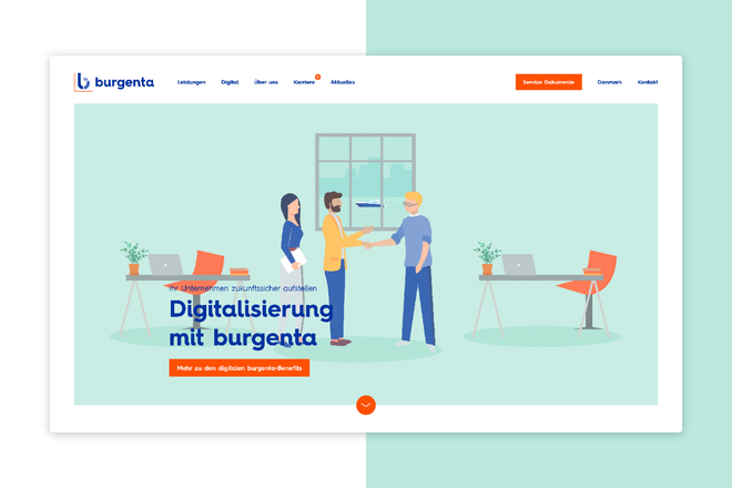 Ein Ausschnitt der von visuellverstehen gestalteten burgenta-Website mit einer Stock Illustration von Menschen in einem Büro.