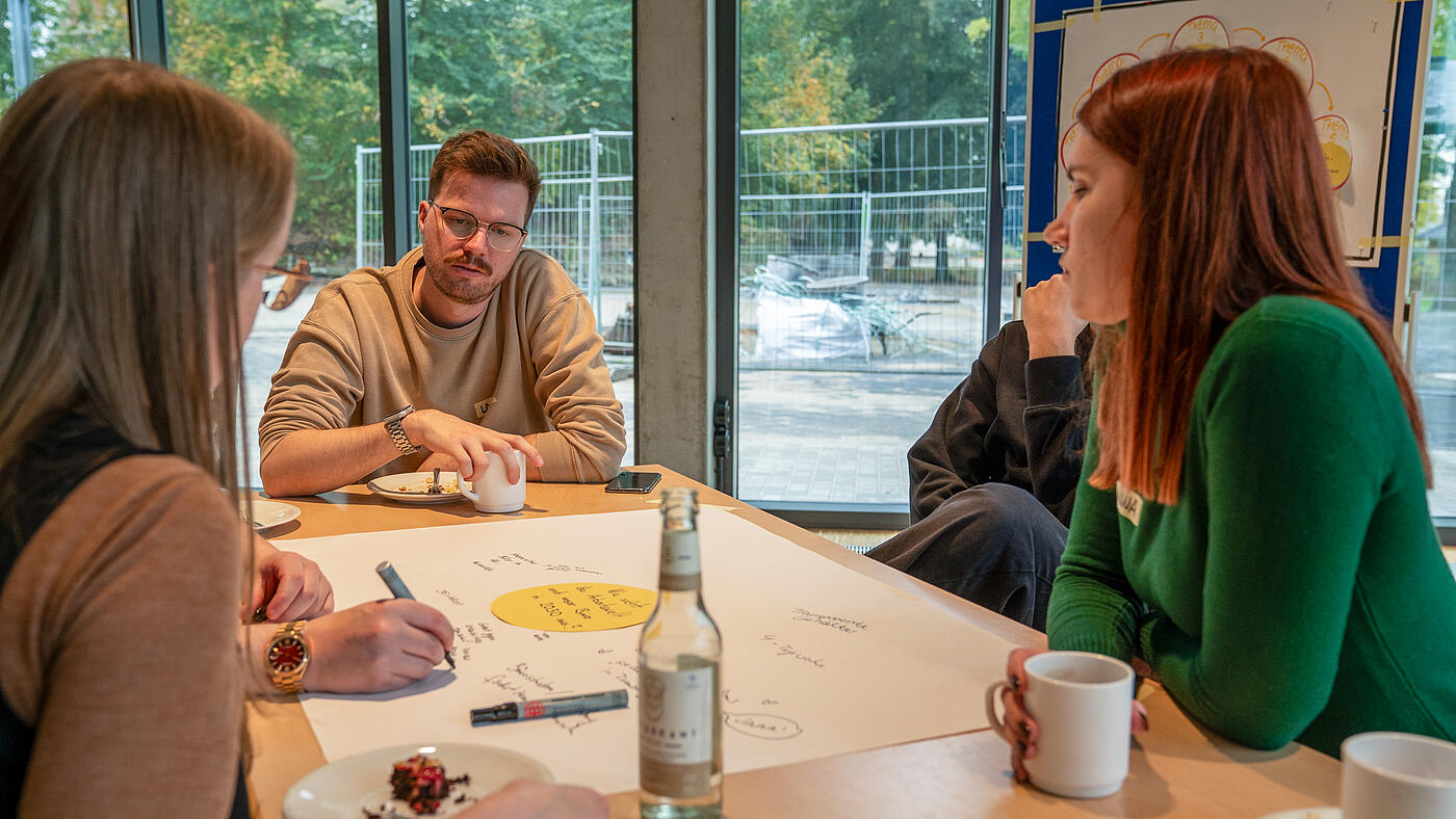Vier Mitarbeitende von visuellverstehen sitzen an einem Tisch mit einem großen weißen Papier, auf dem handschriftlich verschiedene Dinge notiert sind.