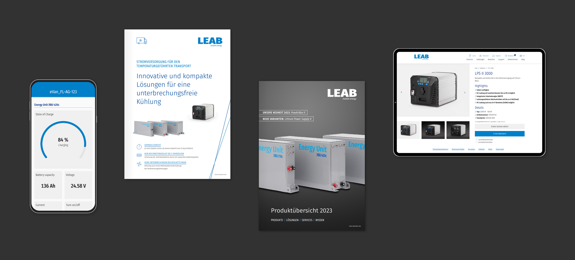 Eine Grafik zeigt auf schwarzem Hintergrund die Produkte, die für LEAB entwickelt wurden, mit dem charakteristischen Corporate Design.