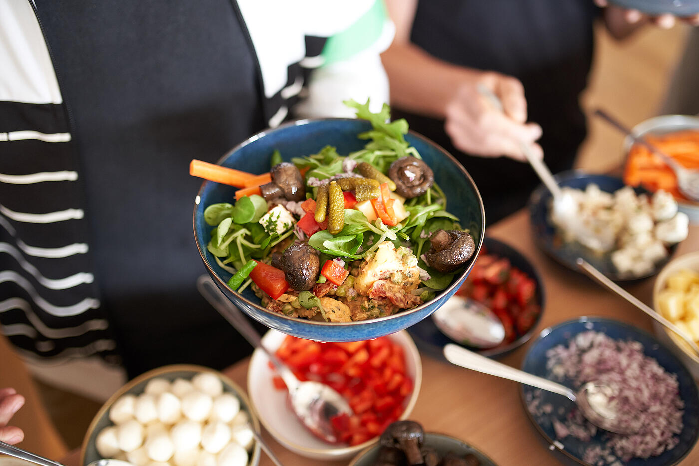 Eine Person hält einen Teller mit frischem Salat in der Hand.