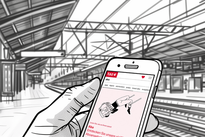Zeichnung eines Bahnhofs, im Vordergrund hält eine Hand ein Smartphone, auf dem die Website der taz gezeigt wird.
