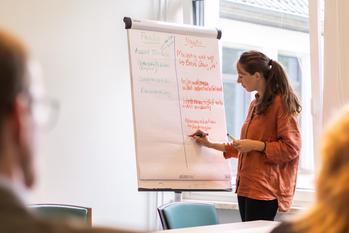 Die Projektleitung von visuellverstehen steht beim Workshop neben einem FlipChart und schreibt etwas darauf.