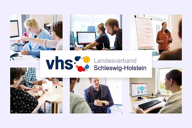 Collage von Workshopfotos und Logo der VHS SH, in einer Grafik zusammengefasst.