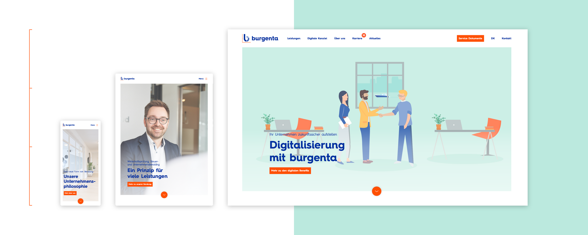 Ein Ausschnitt der von visuellverstehen gestalteten burgenta-Website mit einer Stock Illustration von Menschen in einem Büro und weiteren verkleinerten Abbildungen der Website.