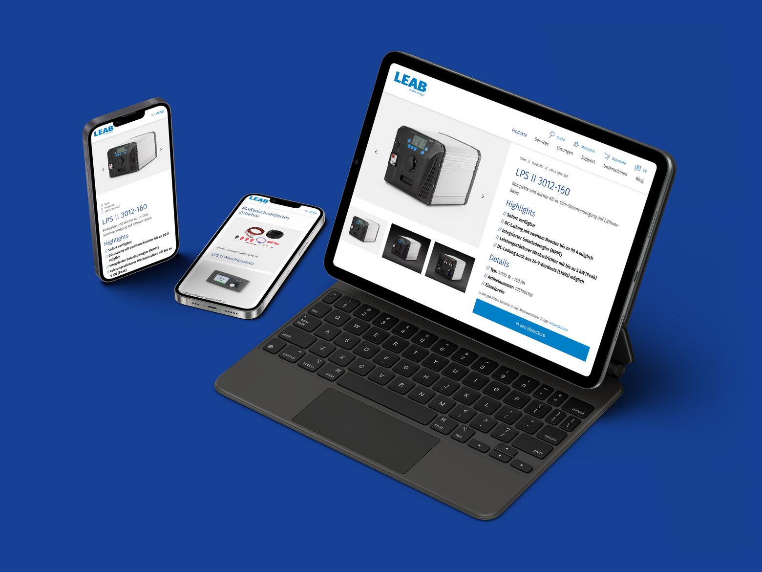 Mehrere Geräte auf blauem Hintergrund, auf denen die neue Website und der Produktkatalog des Unternehmens demonstriert werden.