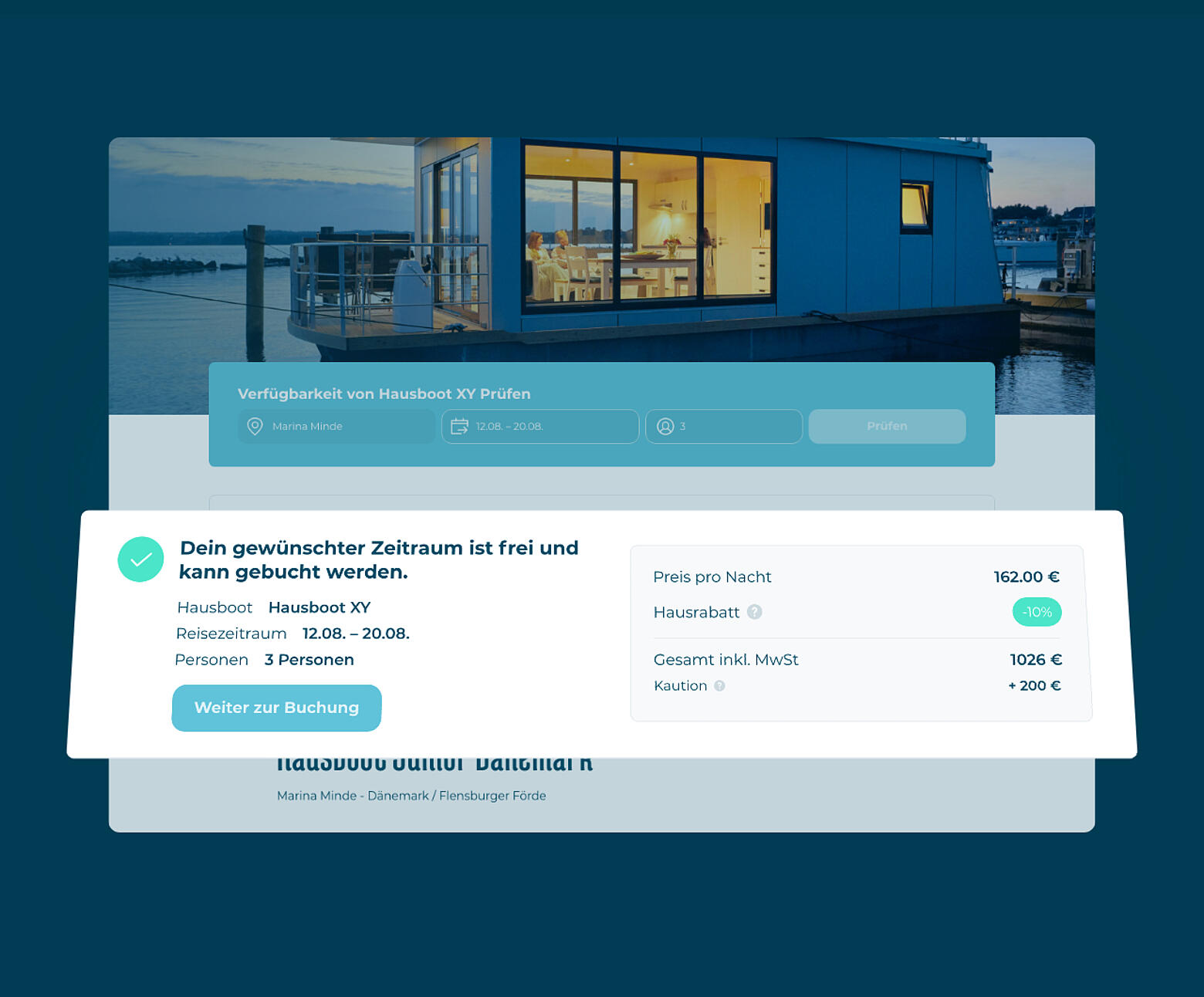 Eine Grafik, die auf dunkelblauem Hintergrund anhand von mehrerer Frontend-Screenshots den neuen Webauftritt von WELL Hausboote präsentiert.