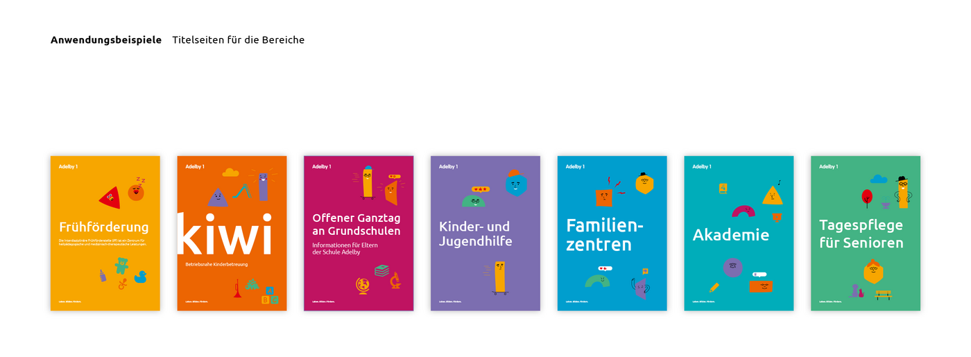 Grafik mit bunten Musterbeispielen für Titelseiten der einzelnen Bereiche des Unternehmens auf weißem Hintergrund.