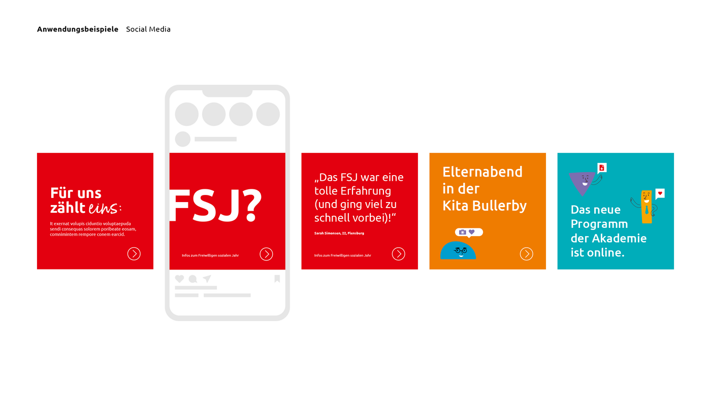 Grafik mit bunten Musterbeispielen für Social Media-Designs auf weißem Hintergrund.
