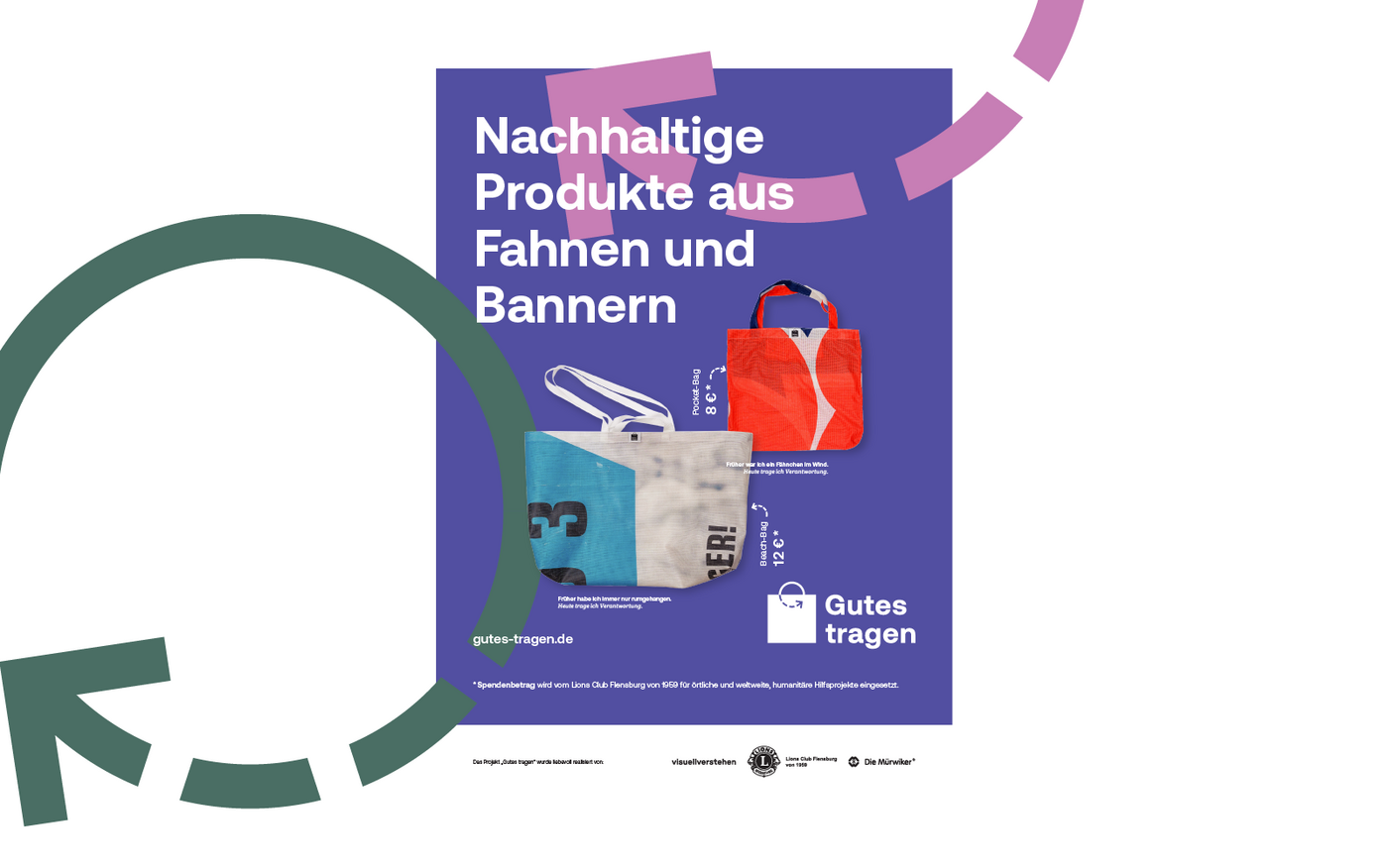 Bunte Grafik für einen Aufsteller, die das Gutes Tragen-Konzept beschreibt und Produkte mit Preisen darstellt.