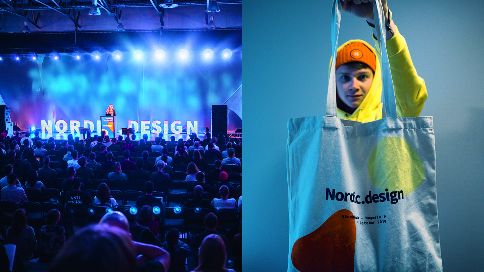 Eine Collage aus zwei Bildern. Auf dem linken Bild ist ein blau erleuchteter, gut gefüllter Konferenzsaal mit einer Rednerin zu sehen, auf dem rechten Bild hält ein junger Mann in gelbem Pullover einen Stoffbeutel in die Höhe.