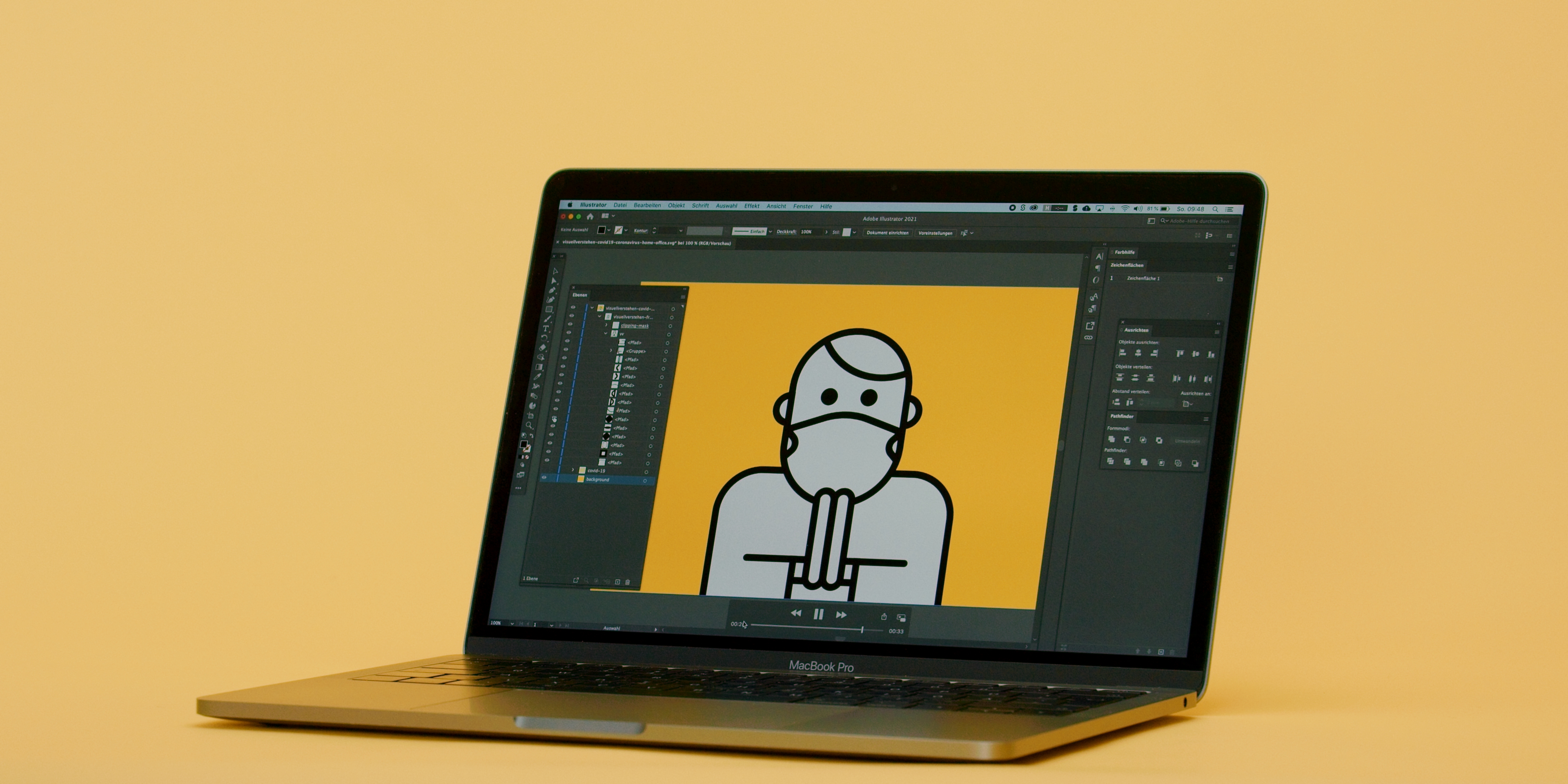 Ein Macbook Pro vor orangem Hintergrund, auf dem in Adobe Illustrator eine gezeichnete Person mit Maske betend abgebildet ist.