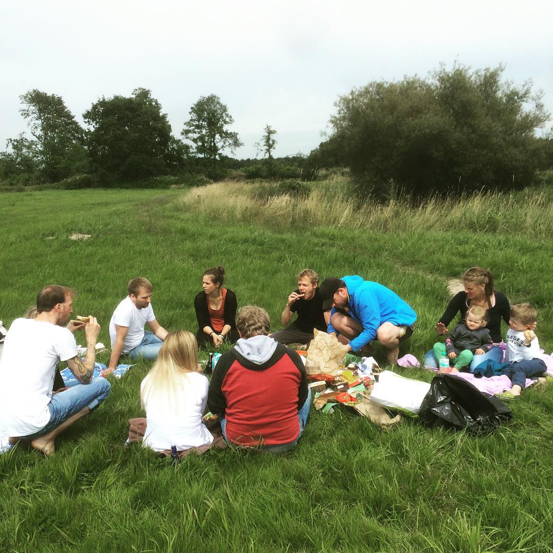 Mitarbeitende von visuellverstehen und ihre Familien picknicken auf einer Wiese.
